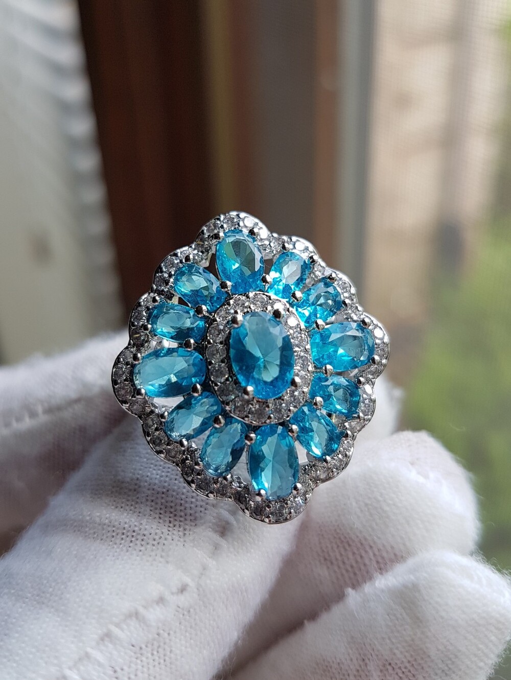 Swarovski Elements Aquamarine Blue 925 Sterling Silver Flower Halo Ring NEW